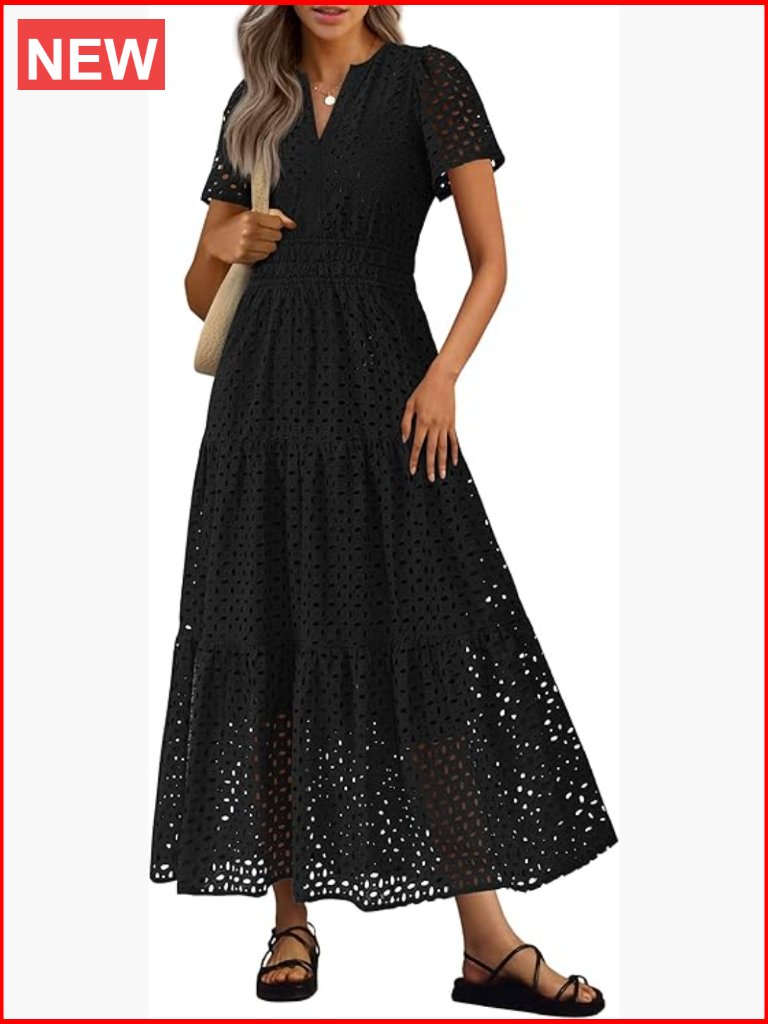 Cotton Eyelet Maxi Dress Short Sleeve V-Neck A-Line Flowy Beach Vacation